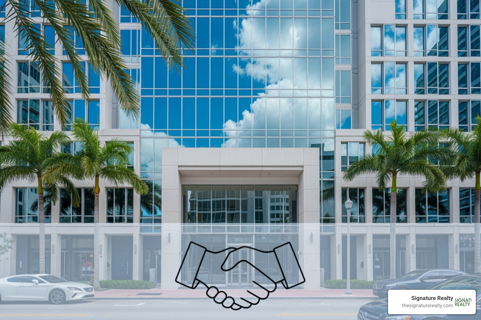 Signature Realty logo with a handshake overlay, symbolizing partnership, in front of a modern commercial building in Miami - affordable office space miami Signature Realty logo with a handshake overlay, symbolizing partnership, in front of a modern commercial building in Miami - affordable office space miami