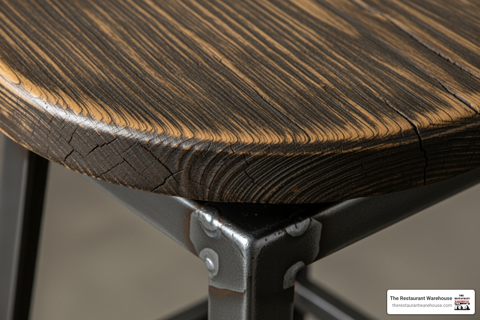 close-up of distressed wood seat and welded steel frame - Industrial bar stools close-up of distressed wood seat and welded steel frame - Industrial bar stools