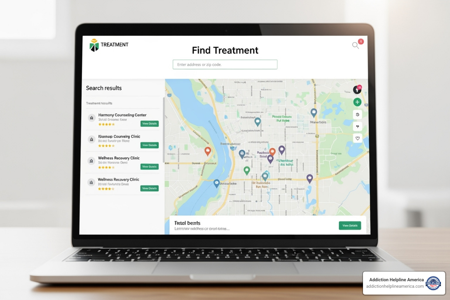 A laptop screen displaying the homepage of a treatment locator website with a search bar and map - doctors near me that prescribe methadone A laptop screen displaying the homepage of a treatment locator website with a search bar and map - doctors near me that prescribe methadone