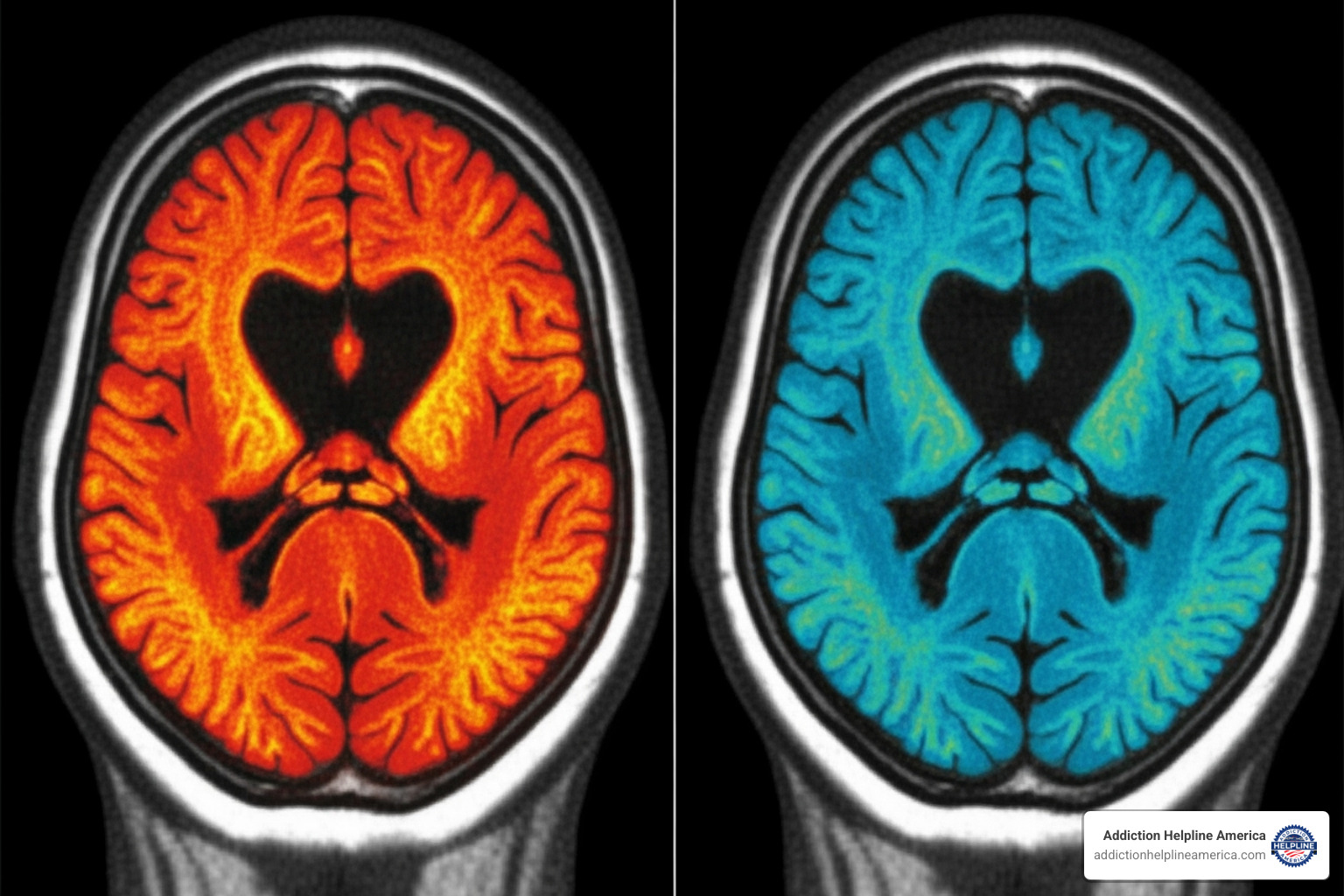 A brain scan comparison showing areas of high activity (red/orange) in an opioid-dependent brain vs. more normalized activity (blue/green) in a stabilized brain with methadone treatment - doctors near me that prescribe methadone A brain scan comparison showing areas of high activity (red/orange) in an opioid-dependent brain vs. more normalized activity (blue/green) in a stabilized brain with methadone treatment - doctors near me that prescribe methadone