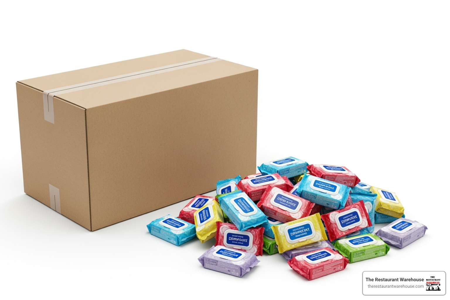 A graphic illustrating the environmental benefits of bulk purchasing: a single large cardboard box of wholesale wipes contrasted with a pile of numerous smaller retail packages, emphasizing reduced packaging waste and carbon footprint - Wholesale disinfectant wipes