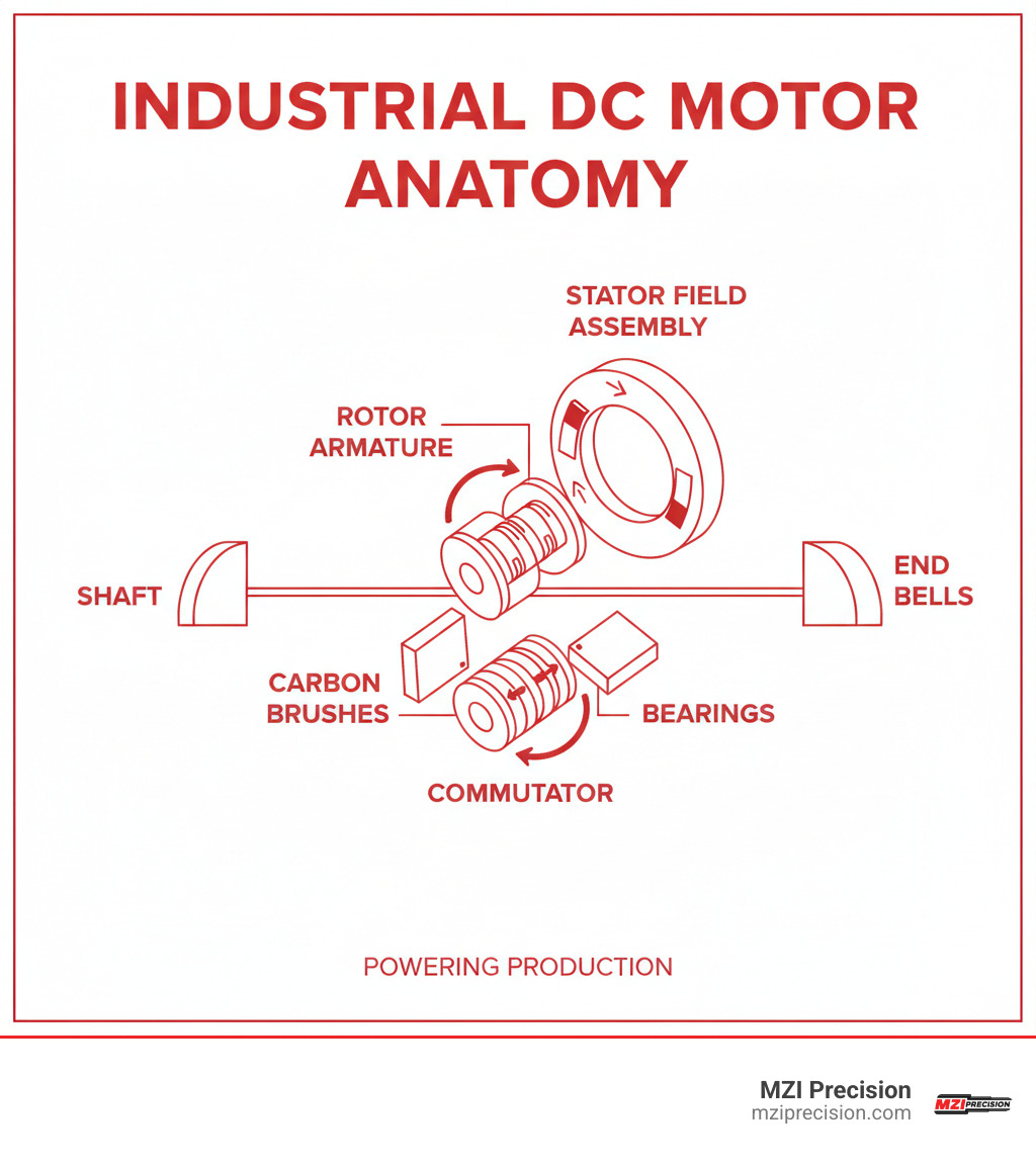 INFOGRAPHIC SHOWING THE ANATOMY OF AN INDUSTRIAL DC MOTOR WITH LABELED COMPONENTS INCLUDING THE STATOR FIELD ASSEMBLY, ROTOR ARMATURE, COMMUTATOR WITH CARBON BRUSHES, SHAFT AND BEARINGS, AND END BELLS, ALONG WITH ARROWS INDICATING CURRENT FLOW AND MAGNETIC FIELD INTERACTION - DC MOTOR REPAIR SHOP INFOGRAPHIC INFOGRAPHIC SHOWING THE ANATOMY OF AN INDUSTRIAL DC MOTOR WITH LABELED COMPONENTS INCLUDING THE STATOR FIELD ASSEMBLY, ROTOR ARMATURE, COMMUTATOR WITH CARBON BRUSHES, SHAFT AND BEARINGS, AND END BELLS, ALONG WITH ARROWS INDICATING CURRENT FLOW AND MAGNETIC FIELD INTERACTION - DC MOTOR REPAIR SHOP INFOGRAPHIC