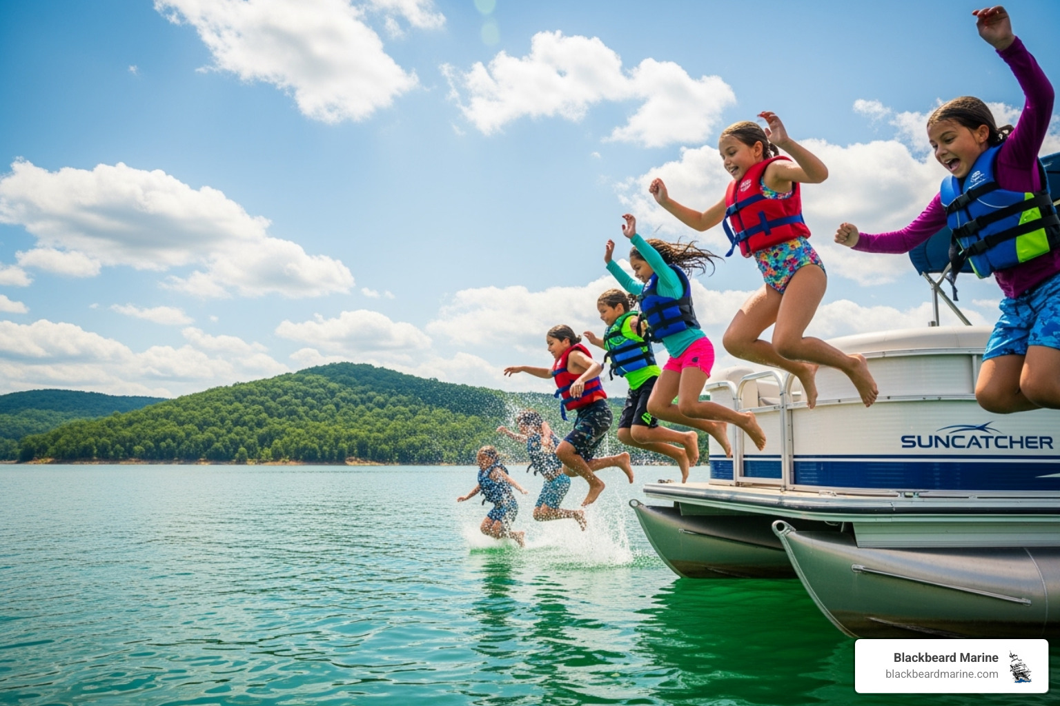 Kids jumping off a Suncatcher pontoon into Table Rock Lake - Pontoon boat family fun
