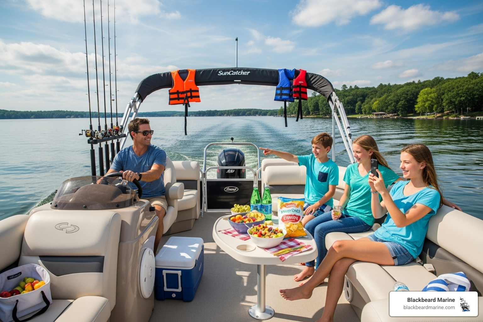 Well-organized Suncatcher or Lowe pontoon boat with gear stowed and snacks on the table - Pontoon boat family fun