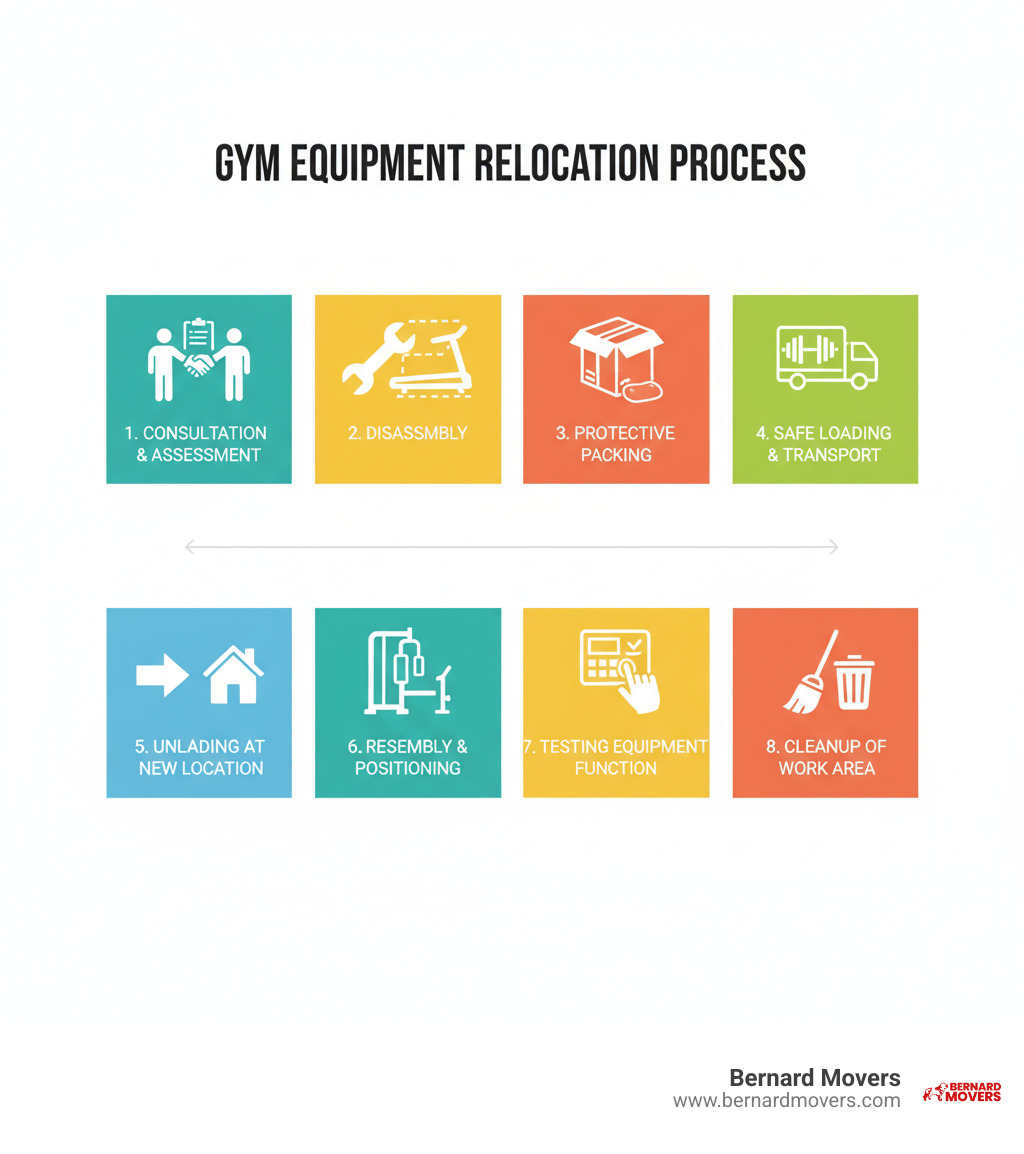 infographic showing the gym equipment moving process: consultation and assessment, disassembly of equipment, protective packing and wrapping, safe loading and transportation, unloading at new location, reassembly and positioning, testing equipment function, and cleanup of work area - Gym equipment movers infographic 