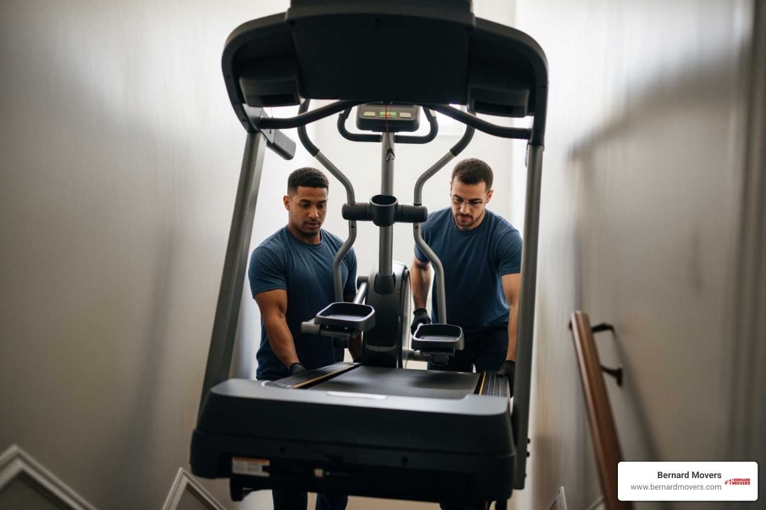 movers navigating a narrow staircase with a piece of gym equipment - Gym equipment movers
