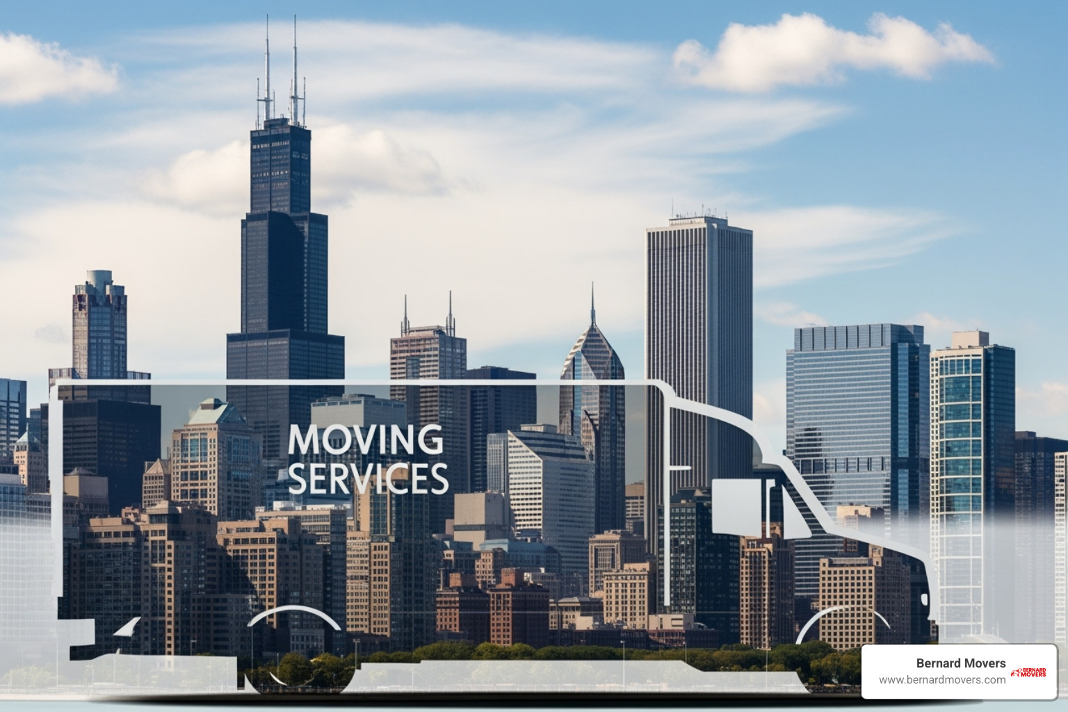 Chicago skyline with a moving truck graphic overlay - Gym equipment movers