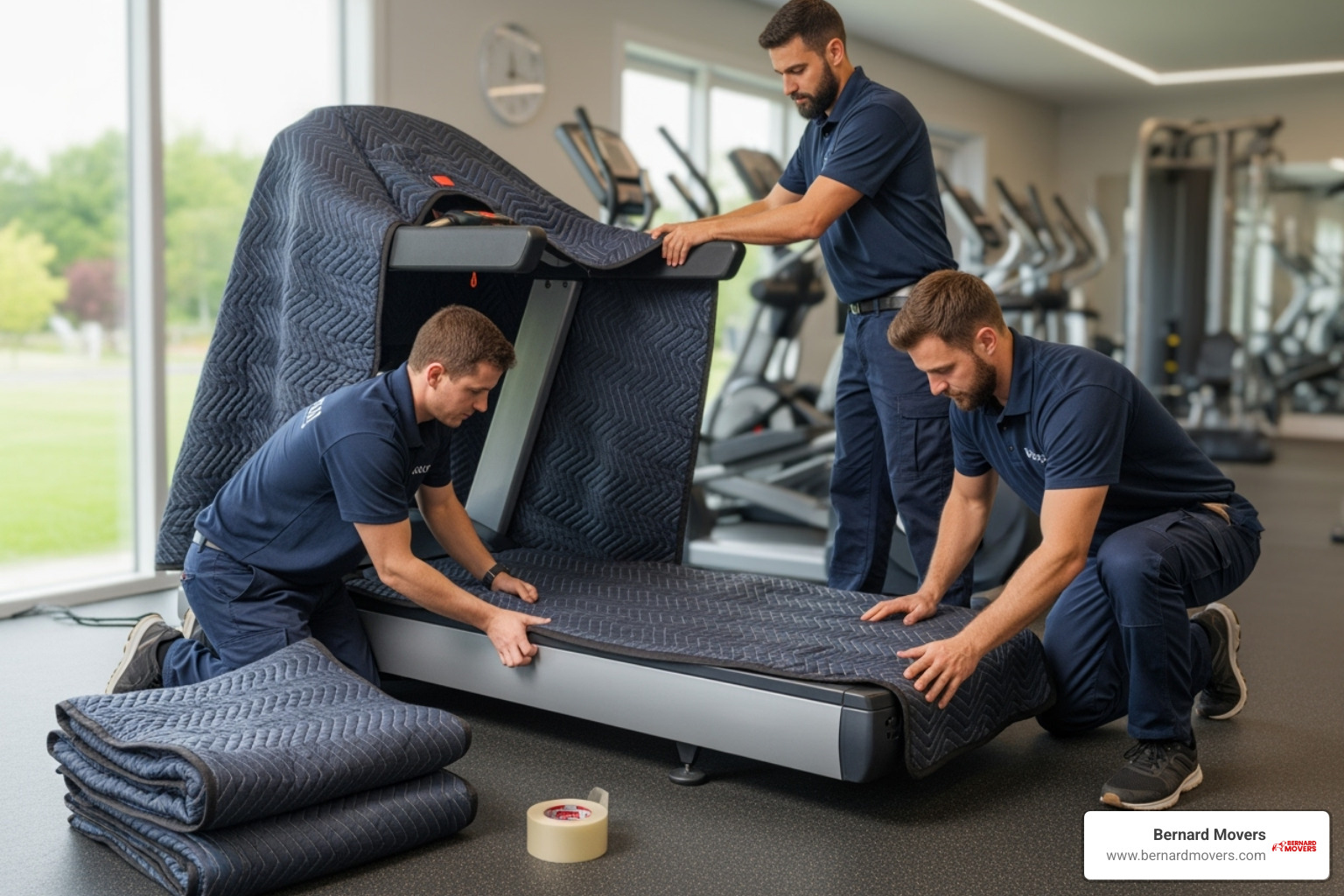 movers carefully wrapping a treadmill in moving blankets - Gym equipment movers