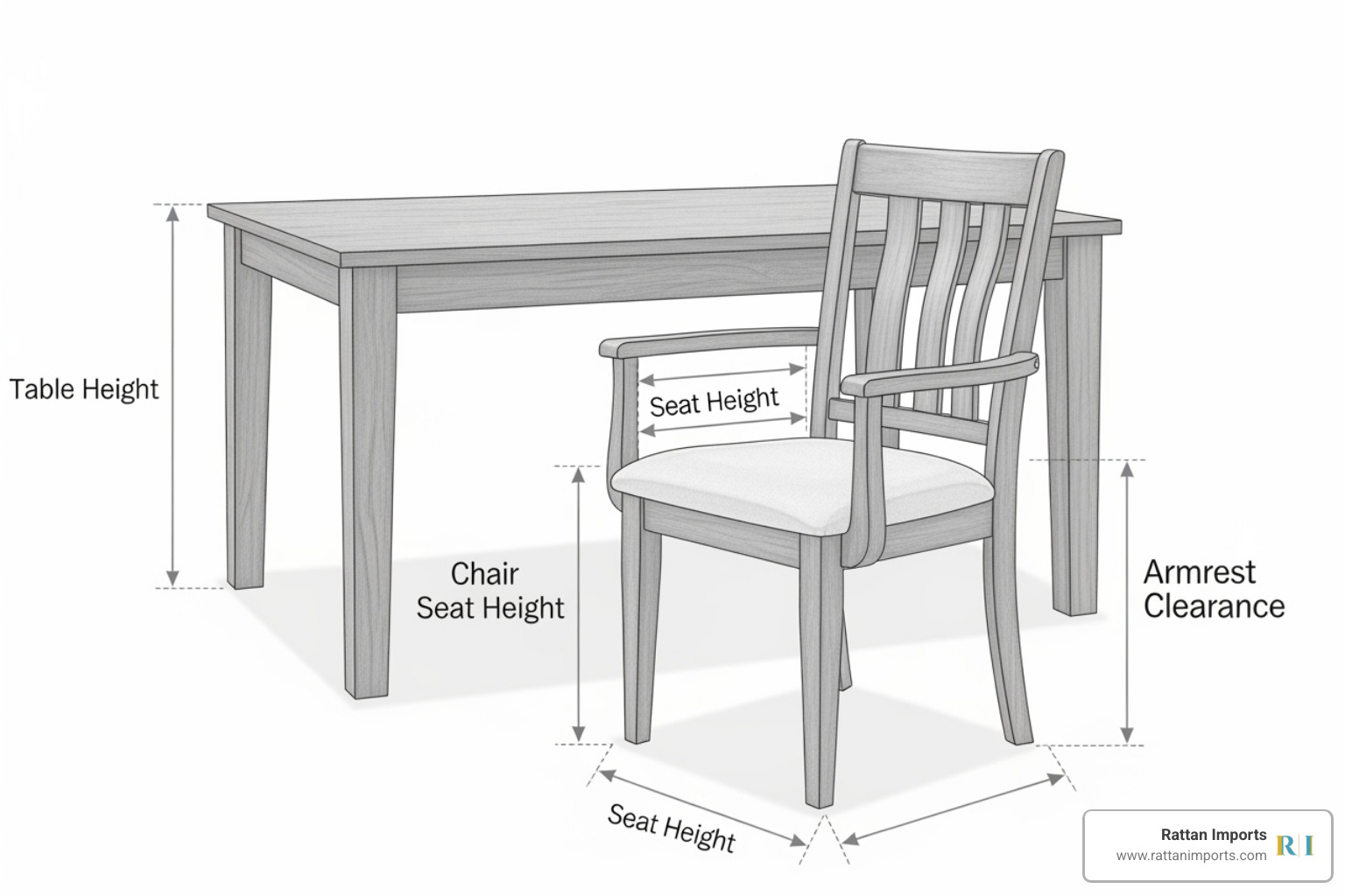 Diagram showing how to measure dining table height, chair seat height, and armrest clearance - dining arm chair Diagram showing how to measure dining table height, chair seat height, and armrest clearance - dining arm chair
