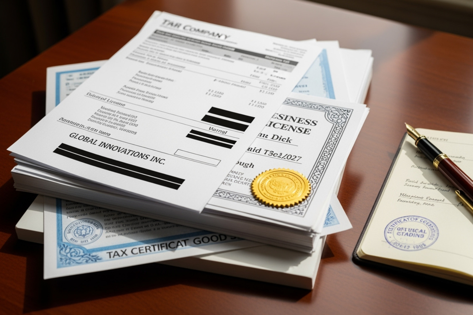 A graphic showing a stack of documents including a redacted phone bill, a business license, and a tax certificate, implying official evidence ready for submission. - google business manager keeps declining my phone number change