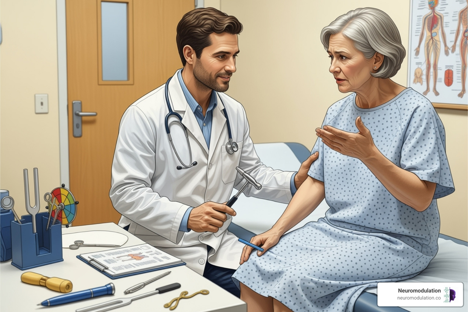 A detailed illustration of a doctor conducting a neurological examination on a stroke patient, including testing reflexes, sensation, and motor function, while compassionately listening to the patient describe their pain symptoms. - chronic post stroke pain A detailed illustration of a doctor conducting a neurological examination on a stroke patient, including testing reflexes, sensation, and motor function, while compassionately listening to the patient describe their pain symptoms. - chronic post stroke pain