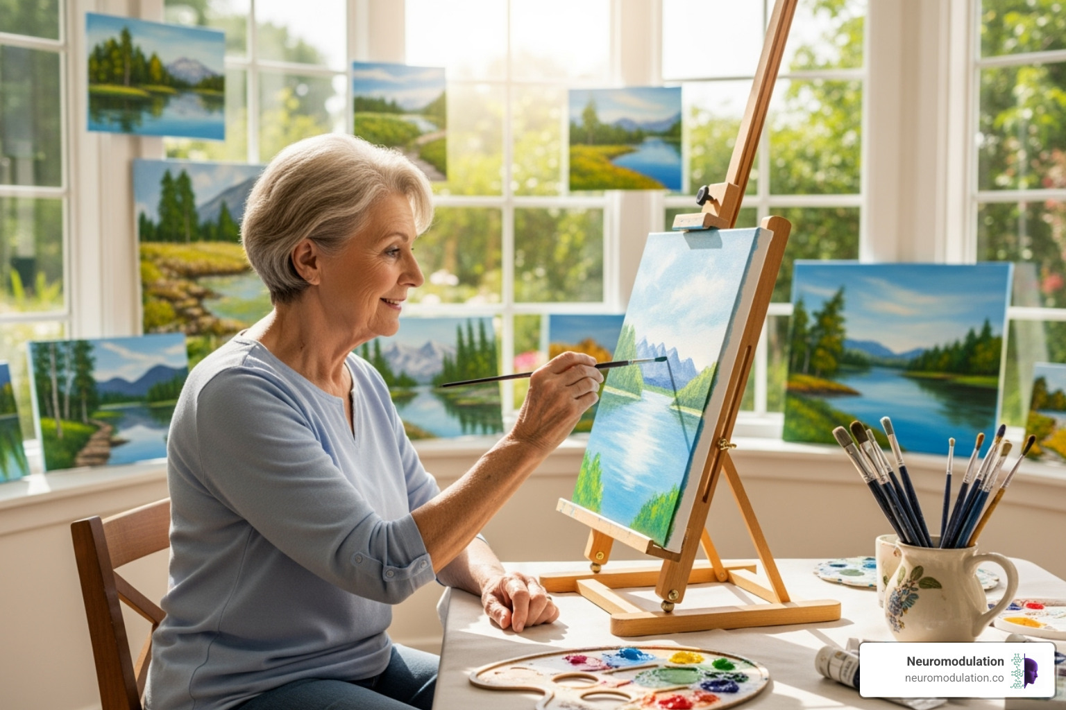 A stroke survivor with a gentle smile, painting a landscape with their unaffected hand, demonstrating engagement in a hobby they enjoy despite their condition. - chronic post stroke pain A stroke survivor with a gentle smile, painting a landscape with their unaffected hand, demonstrating engagement in a hobby they enjoy despite their condition. - chronic post stroke pain