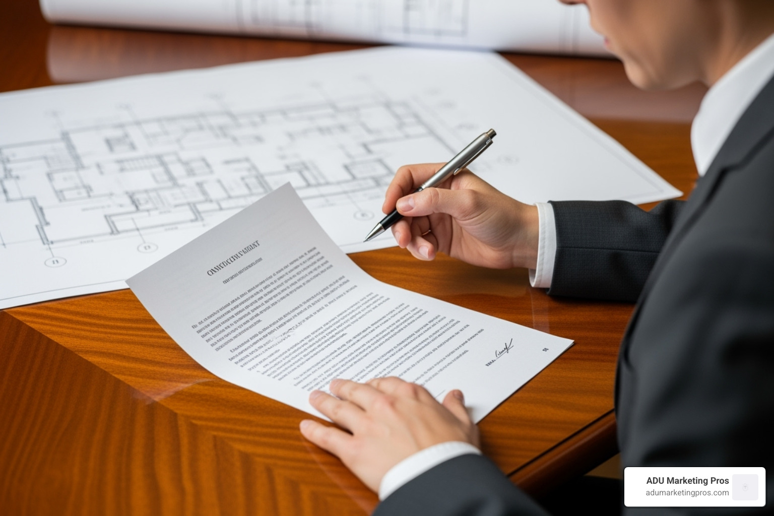 person reviewing an official-looking document with a blueprint in the background - adu rental income potential in san gabriel