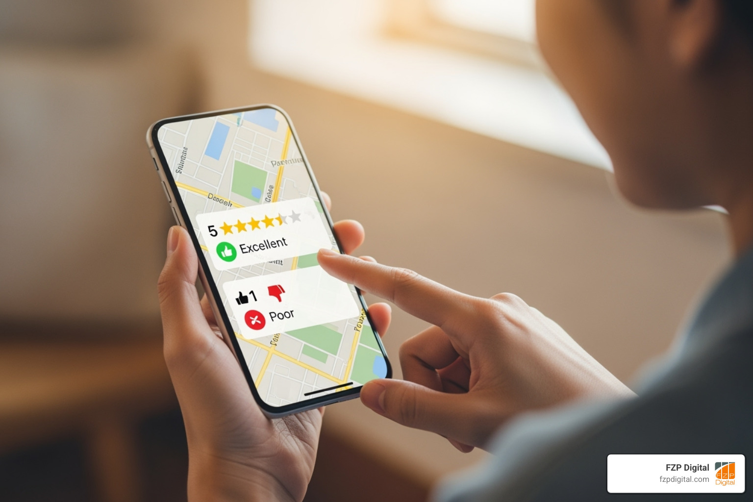 customer choosing a 5-star business over a 1-star business on a map app - online reputation management customer choosing a 5-star business over a 1-star business on a map app - online reputation management