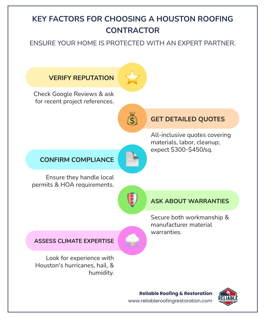Infographic showing key factors when choosing a Houston roofing contractor: verify local Google Reviews and references, get detailed all-inclusive quotes with material specs, confirm permit and HOA assistance, ask about workmanship and manufacturer warranties, check experience with Houston climate challenges like hurricanes and hail, understand typical project timeline of 1-2 days for most replacements, know common materials like GAF Timberline HDZ and CertainTeed Landmark, expect $300-$450 per square for asphalt shingles - Roofing contractor Houston TX infographic infographic-line-5-steps-colors