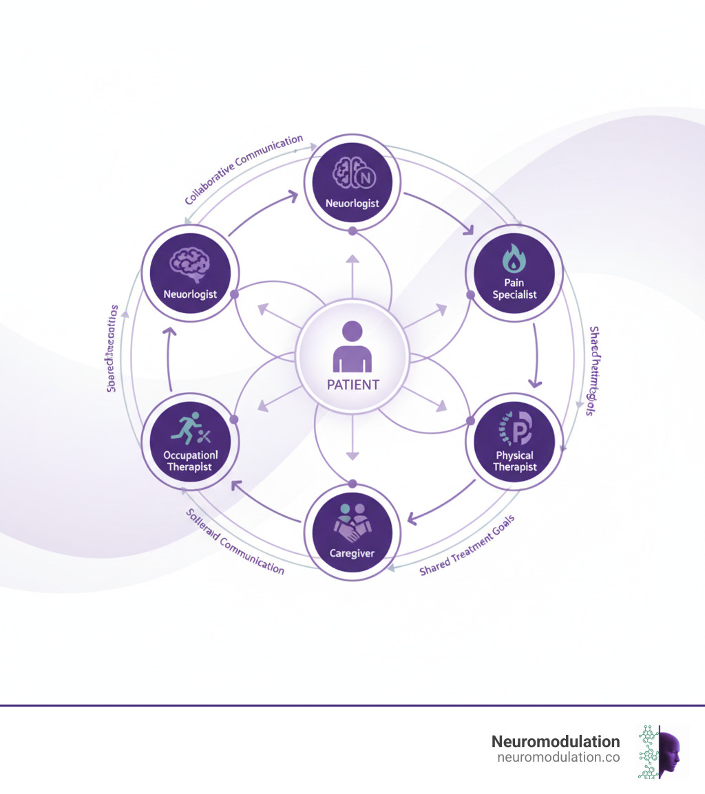 A detailed infographic illustrating a holistic care model for chronic post-stroke pain, showing a central patient surrounded by interconnected specialists: Neurologist, Pain Specialist, Physiatrist, Physical Therapist, Occupational Therapist, Psychologist, and Caregiver, with arrows indicating collaborative communication and shared treatment goals. - chronic post stroke pain infographic A detailed infographic illustrating a holistic care model for chronic post-stroke pain, showing a central patient surrounded by interconnected specialists: Neurologist, Pain Specialist, Physiatrist, Physical Therapist, Occupational Therapist, Psychologist, and Caregiver, with arrows indicating collaborative communication and shared treatment goals. - chronic post stroke pain infographic