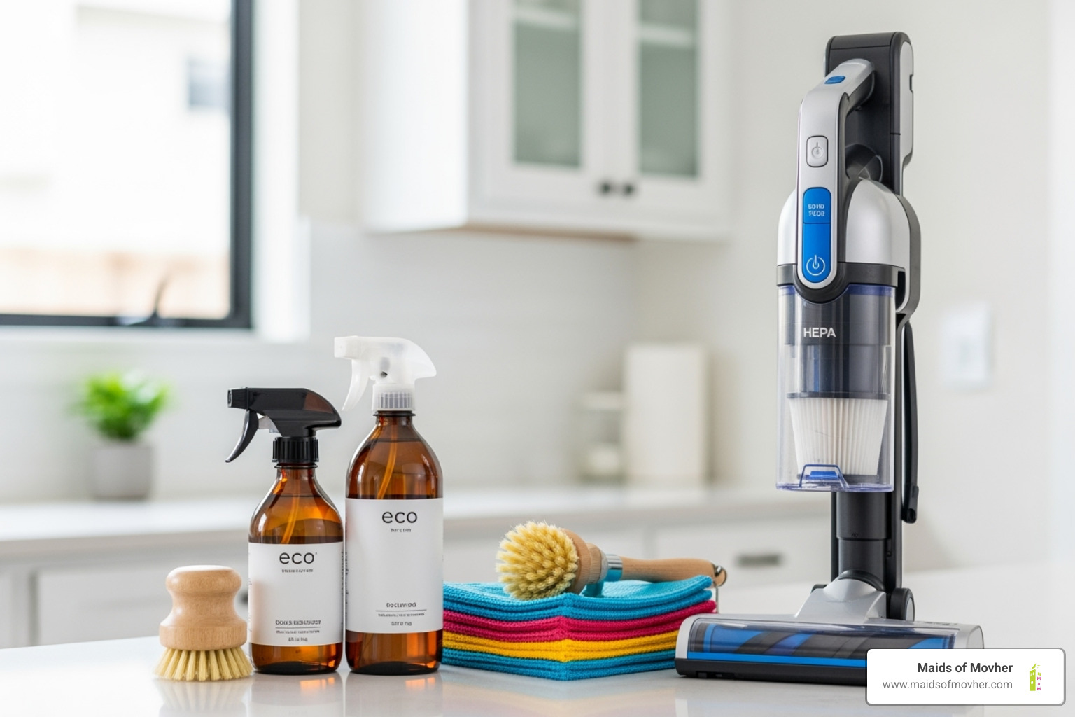 eco-friendly cleaning supplies and HEPA vacuum - weekly cleaning services washington