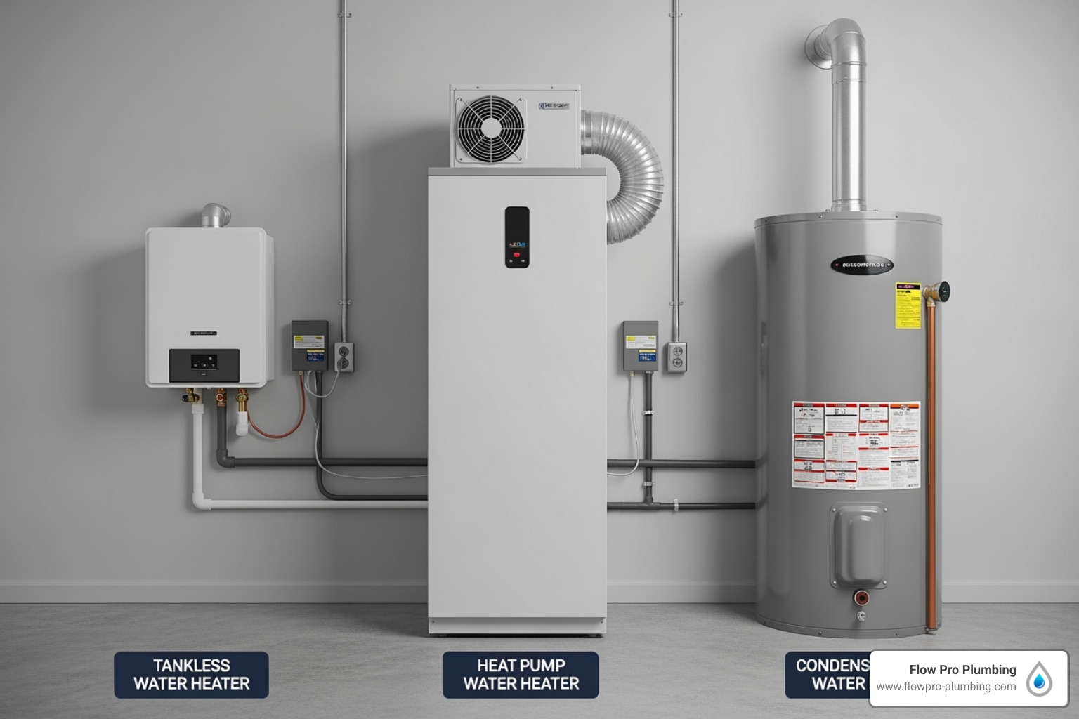 side-by-side comparison of a tankless, heat pump, and condensing water heater - high efficiency water heater side-by-side comparison of a tankless, heat pump, and condensing water heater - high efficiency water heater