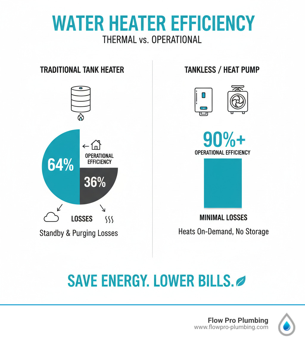Infographic showing thermal efficiency versus operational efficiency in water heaters, with a traditional tank heater losing 36% to standby losses and purging losses, compared to a tankless or heat pump model maintaining efficiency above 90% by eliminating storage losses and heating water only on-demand - high efficiency water heater infographic Infographic showing thermal efficiency versus operational efficiency in water heaters, with a traditional tank heater losing 36% to standby losses and purging losses, compared to a tankless or heat pump model maintaining efficiency above 90% by eliminating storage losses and heating water only on-demand - high efficiency water heater infographic