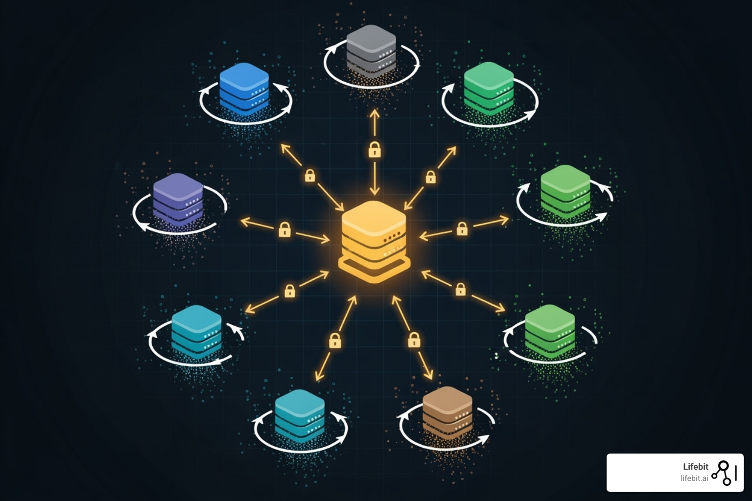 IMAGE of a federated learning architecture, showing how data can be analyzed securely in place without moving it. - Clinical trial data analysis IMAGE of a federated learning architecture, showing how data can be analyzed securely in place without moving it. - Clinical trial data analysis