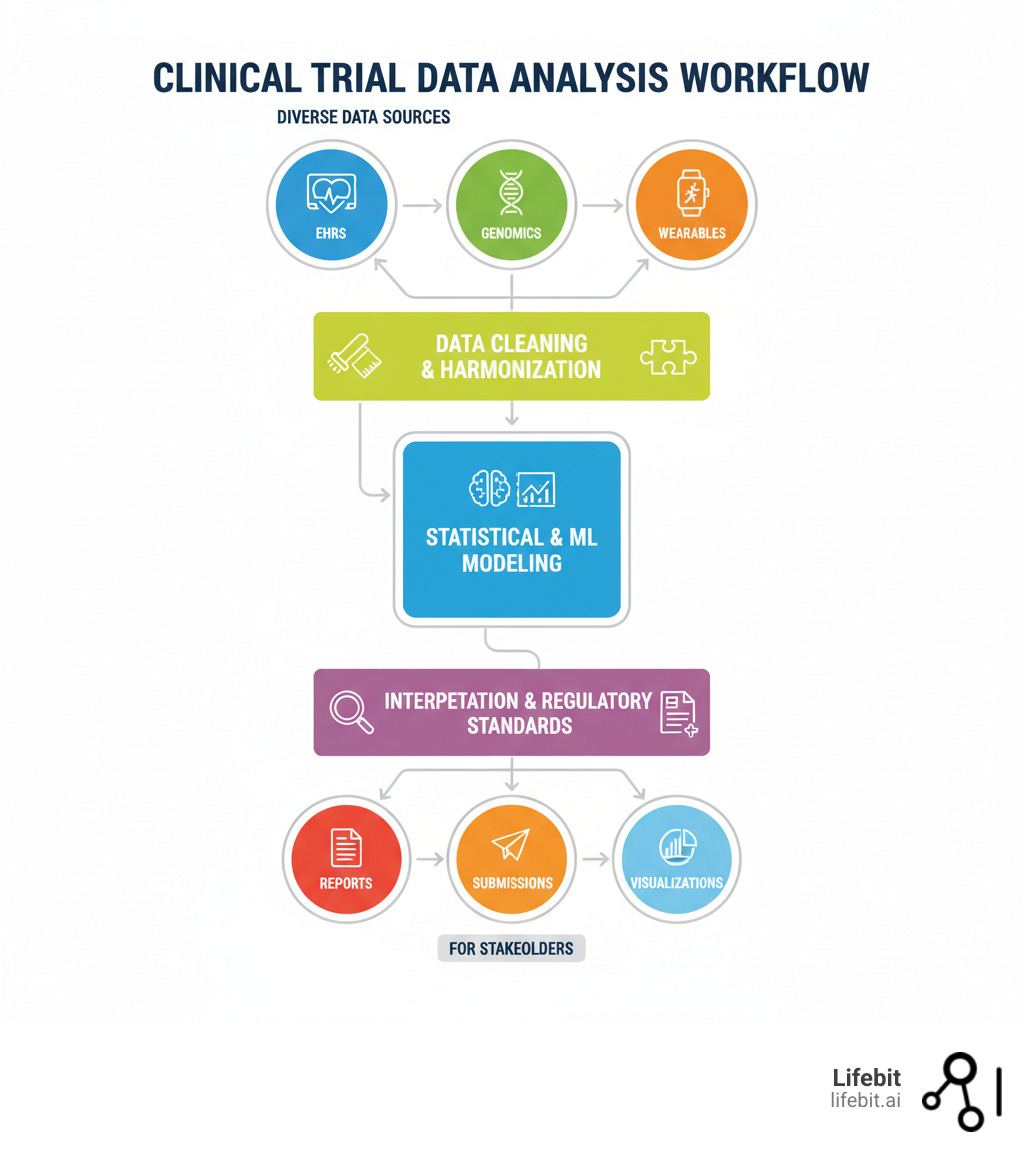 Infographic showing the clinical trial data analysis workflow: starting with diverse data sources (EHRs, genomics, wearables) flowing into data cleaning and harmonization, then statistical and ML modeling, followed by interpretation with regulatory standards, and ending with outputs including reports, submissions, and visualizations for stakeholders - Clinical trial data analysis infographic Infographic showing the clinical trial data analysis workflow: starting with diverse data sources (EHRs, genomics, wearables) flowing into data cleaning and harmonization, then statistical and ML modeling, followed by interpretation with regulatory standards, and ending with outputs including reports, submissions, and visualizations for stakeholders - Clinical trial data analysis infographic