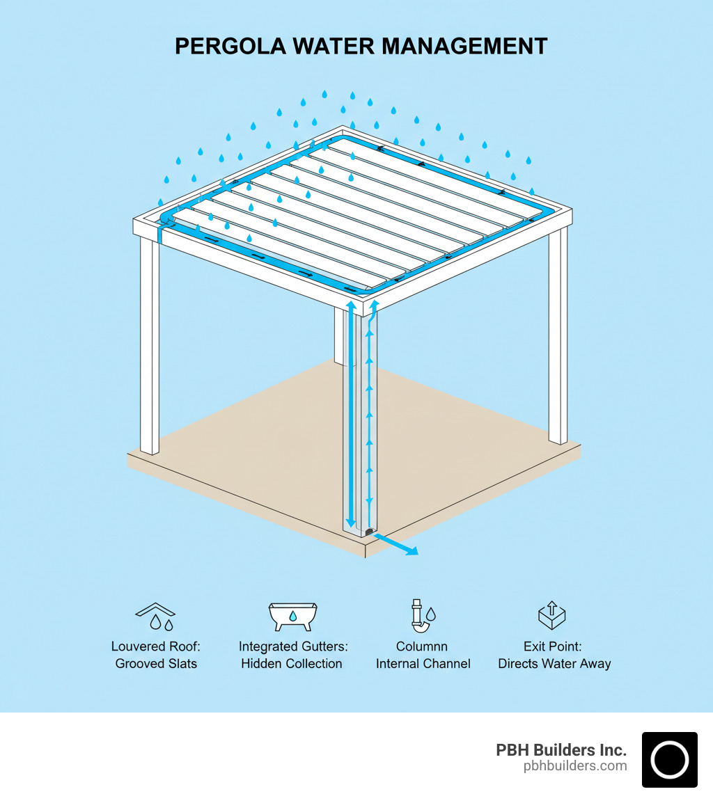 infographic showing rainwater flowing from louvered pergola roof through grooves into integrated gutter system, then down through hollow support post with internal drainage channel, finally exiting at post base away from patio foundation - Pergola with drainage infographic 