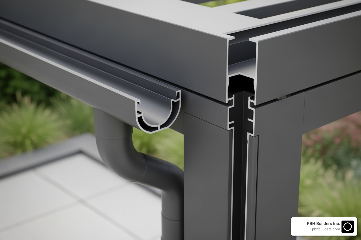 cutaway view of a pergola post and beam, showing the internal gutter and downspout channel - Pergola with drainage