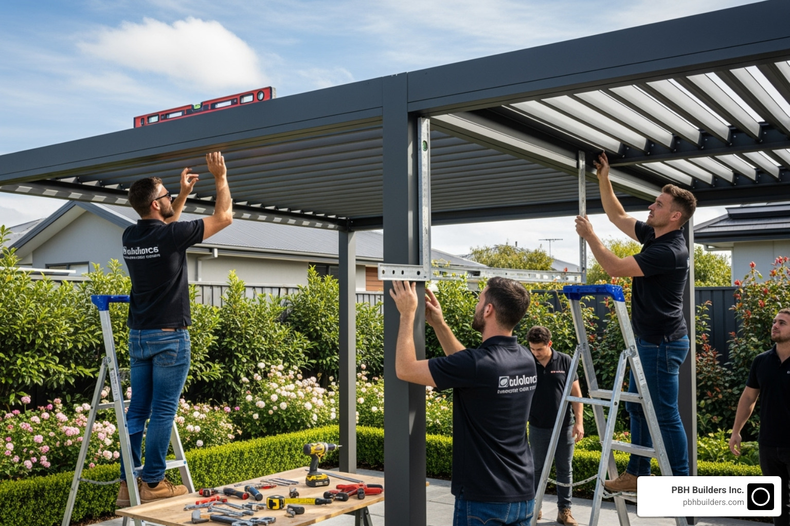 professional contractor installing a louvered pergola frame, ensuring it is level and square - Pergola with drainage