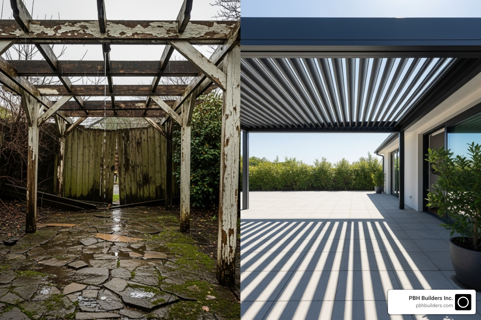 water-damaged wooden pergola next to a pristine, dry patio under a modern pergola with drainage - Pergola with drainage