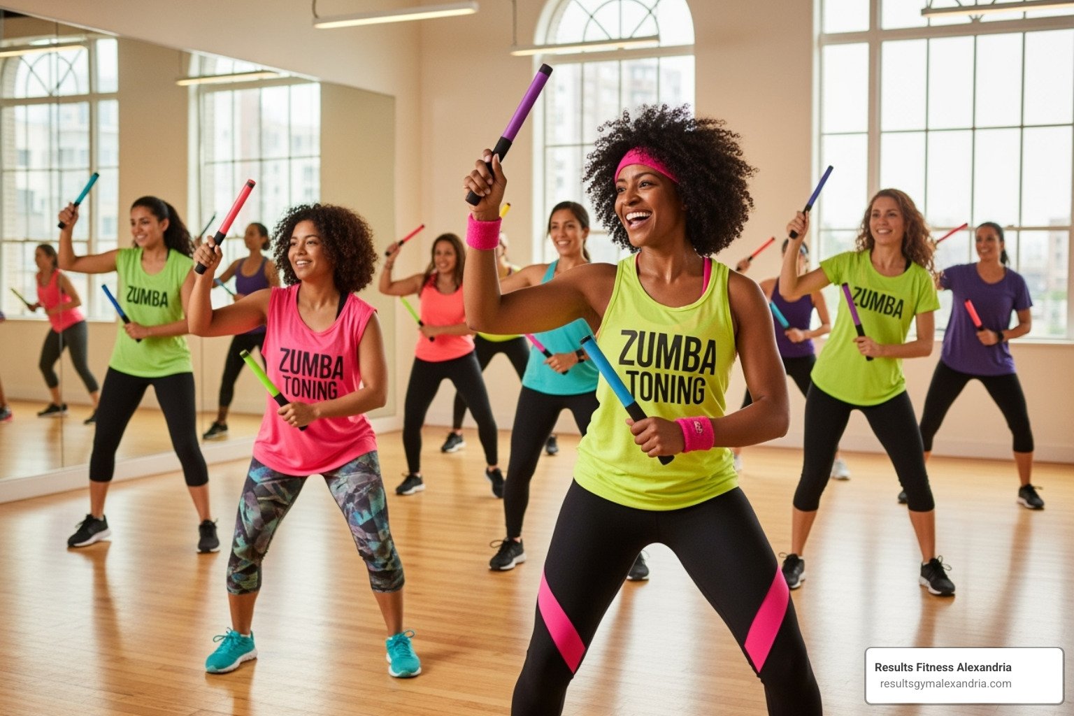 people using colorful toning sticks in a Zumba Toning class - zumba weight loss classes near me