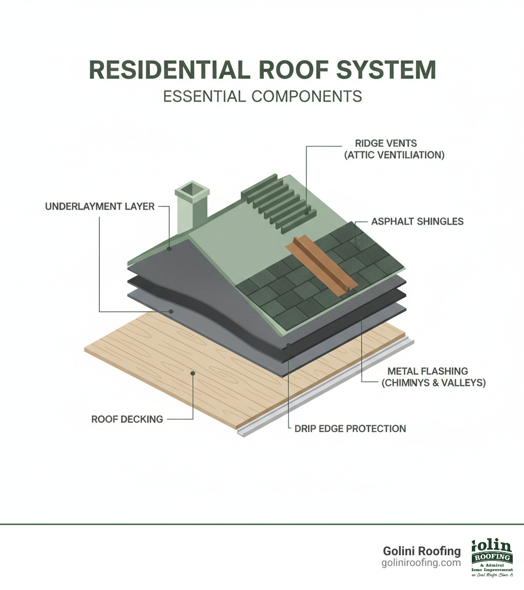 Infographic showing the essential components of a residential roof system including roof decking, underlayment layer, asphalt shingles, metal flashing around chimneys and valleys, ridge vents for attic ventilation, and drip edge protection - peabody ma roofer infographic Infographic showing the essential components of a residential roof system including roof decking, underlayment layer, asphalt shingles, metal flashing around chimneys and valleys, ridge vents for attic ventilation, and drip edge protection - peabody ma roofer infographic