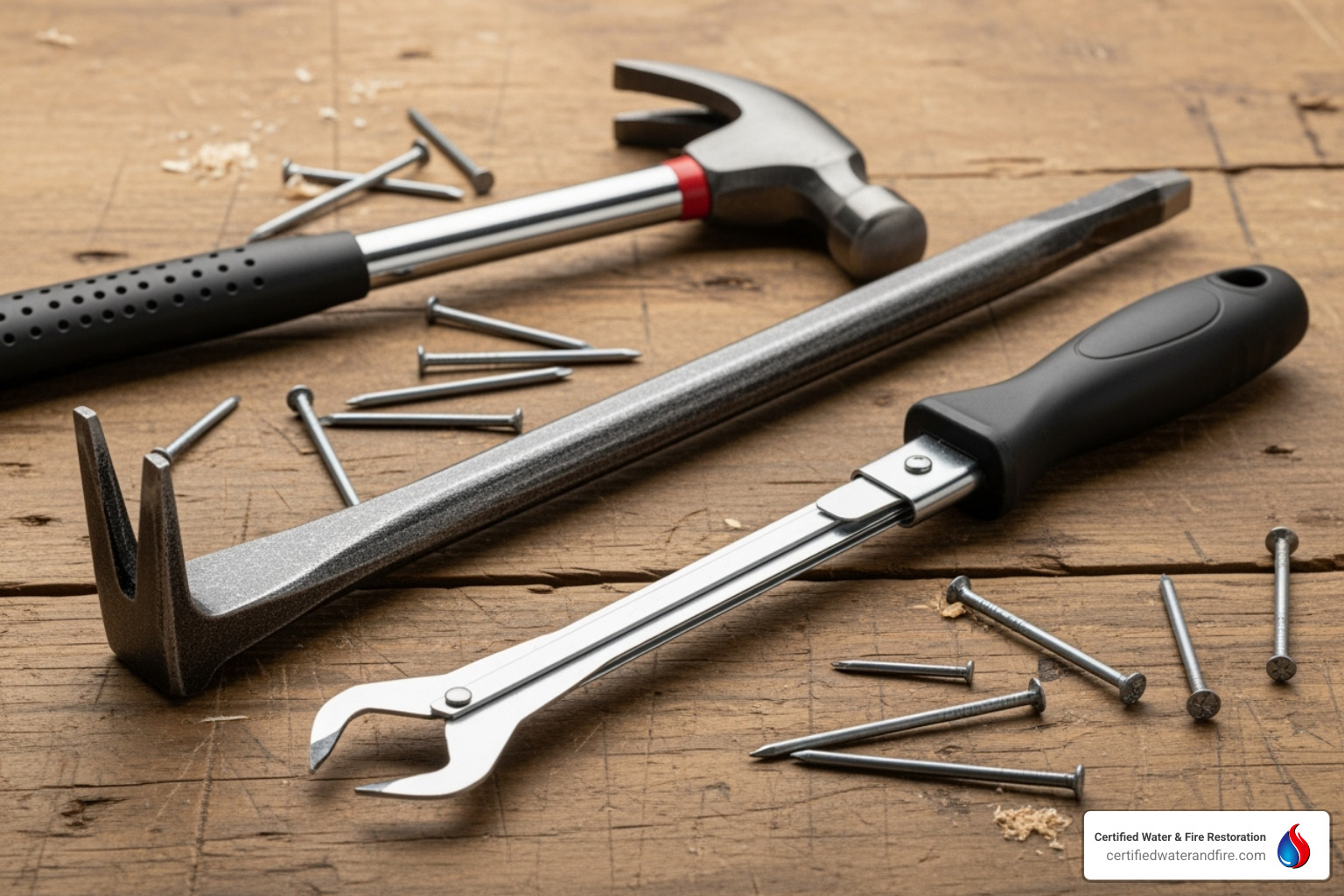 tools commonly used for siding repair (zip tool, pry bar, hammer, nails) - storm damage siding repair