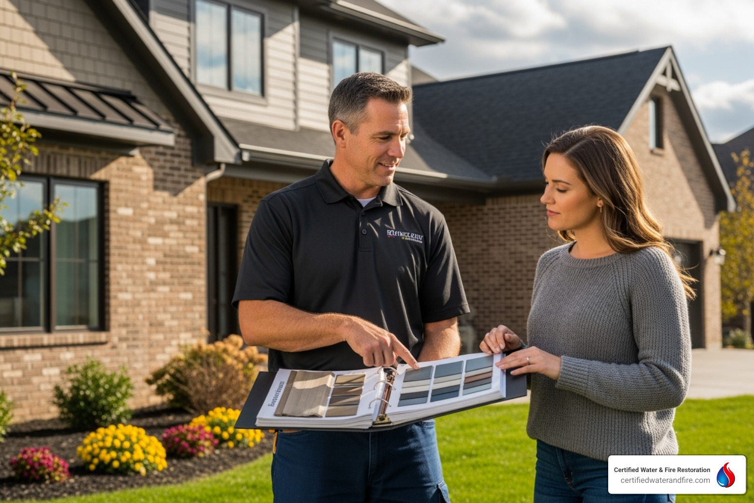 professional contractor discussing siding options with a homeowner - storm damage siding repair