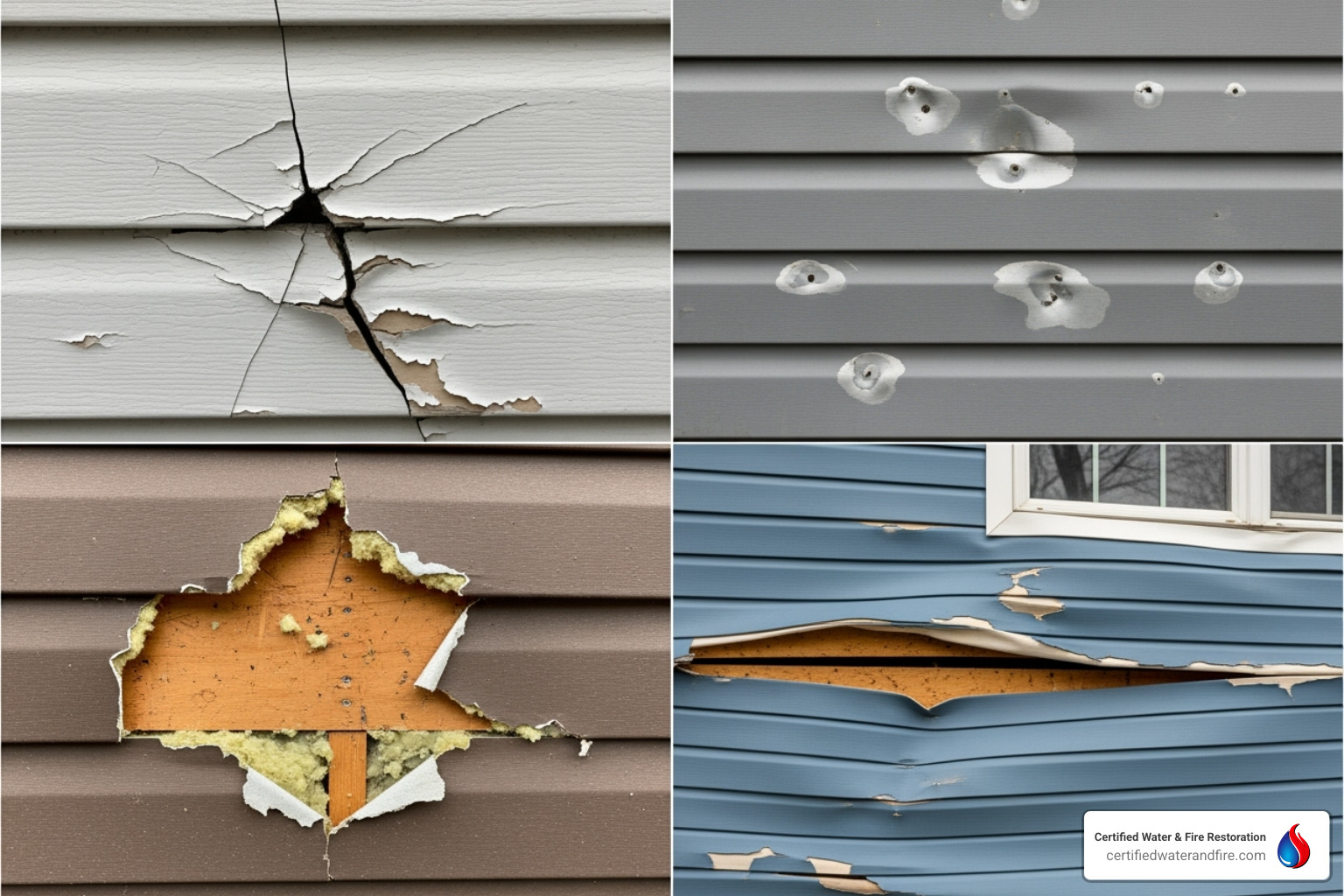 collage of different siding damage types (cracks, dents, holes, warping) - storm damage siding repair