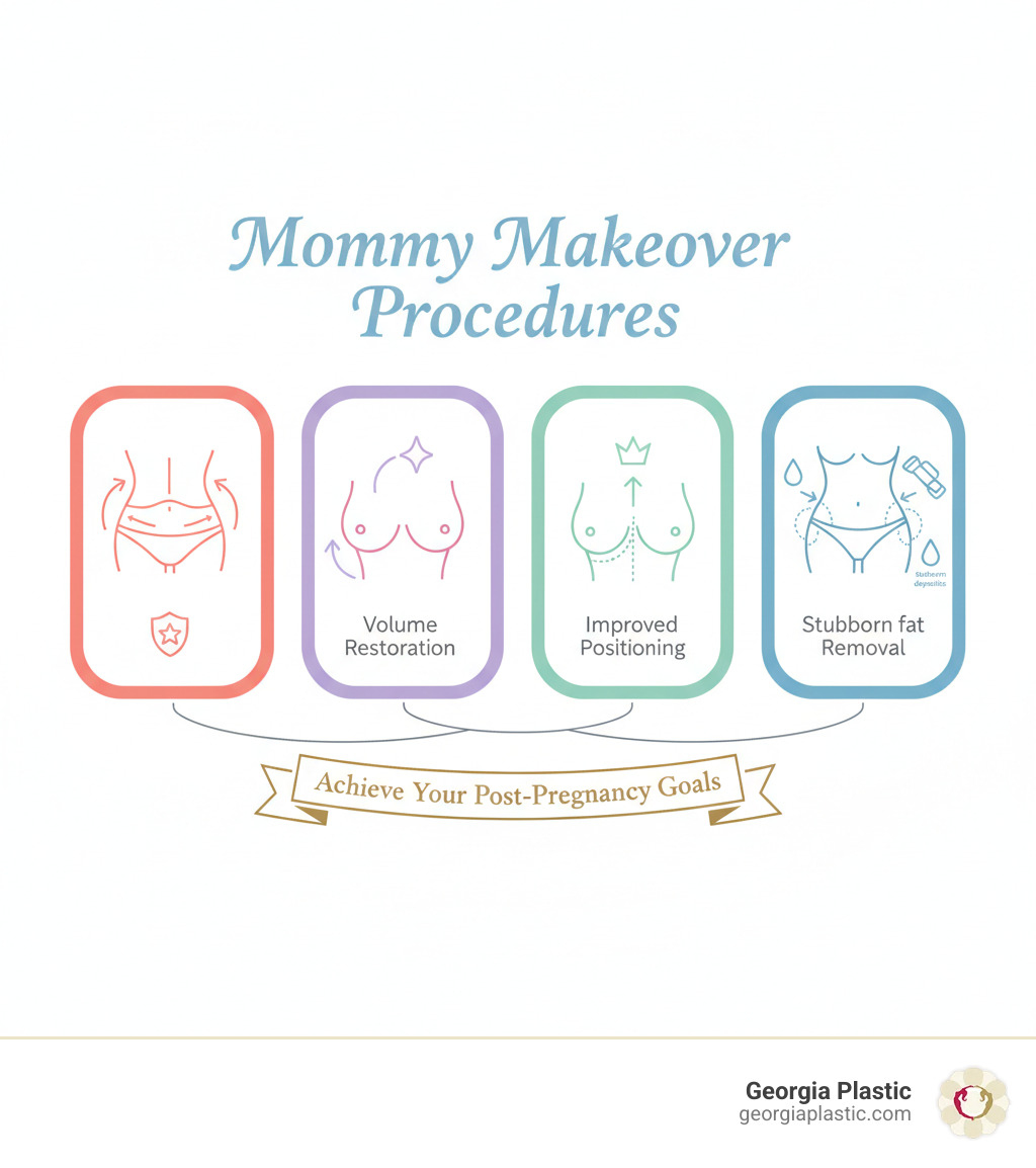 infographic showing common mommy makeover procedures including tummy tuck targeting abdomen and muscle repair, breast augmentation targeting volume restoration, breast lift targeting sagging and positioning, and liposuction targeting stubborn fat deposits in multiple areas - mommy makeover specials in atlanta ga infographic 