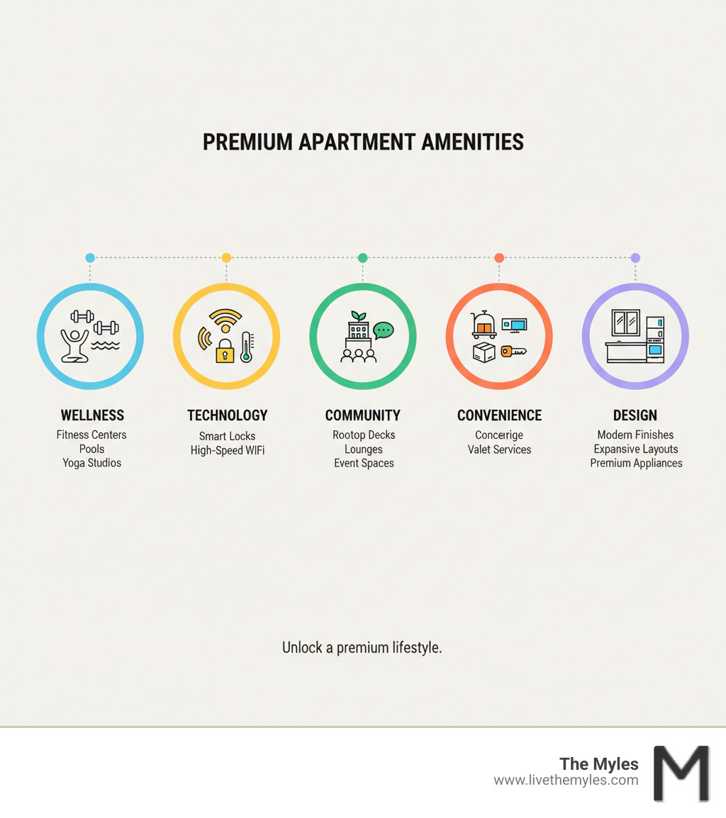 infographic showing five main categories of premium amenities: Wellness (fitness centers, pools, yoga studios), Technology (smart locks, thermostats, high-speed WiFi), Community (rooftop decks, lounges, event spaces), Convenience (concierge, package lockers, valet services), and Design (modern finishes, expansive layouts, premium appliances) - Apartments with premium amenities infographic infographic showing five main categories of premium amenities: Wellness (fitness centers, pools, yoga studios), Technology (smart locks, thermostats, high-speed WiFi), Community (rooftop decks, lounges, event spaces), Convenience (concierge, package lockers, valet services), and Design (modern finishes, expansive layouts, premium appliances) - Apartments with premium amenities infographic