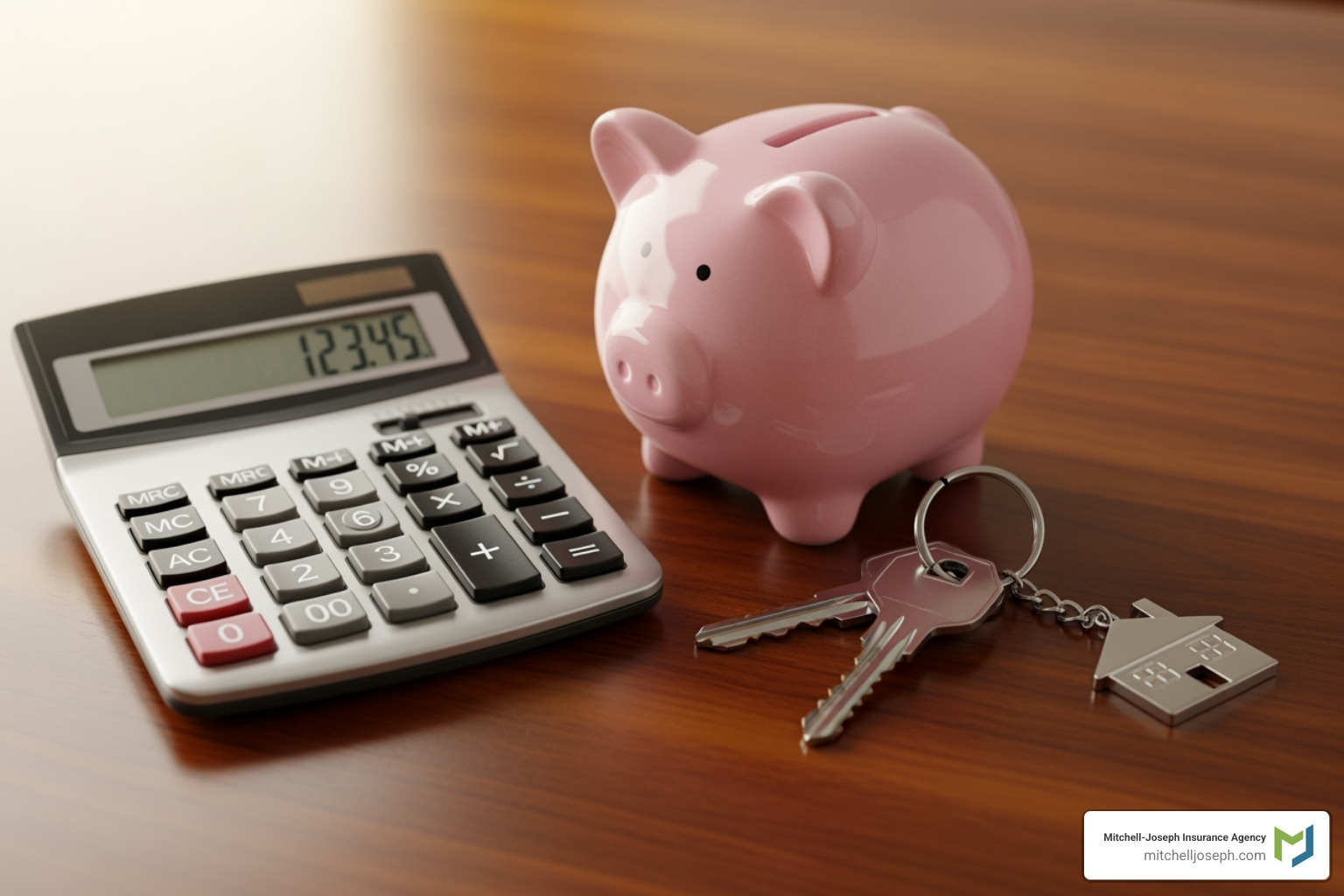 A calculator and a piggy bank next to a set of apartment keys - rental insurance coverage cost A calculator and a piggy bank next to a set of apartment keys - rental insurance coverage cost