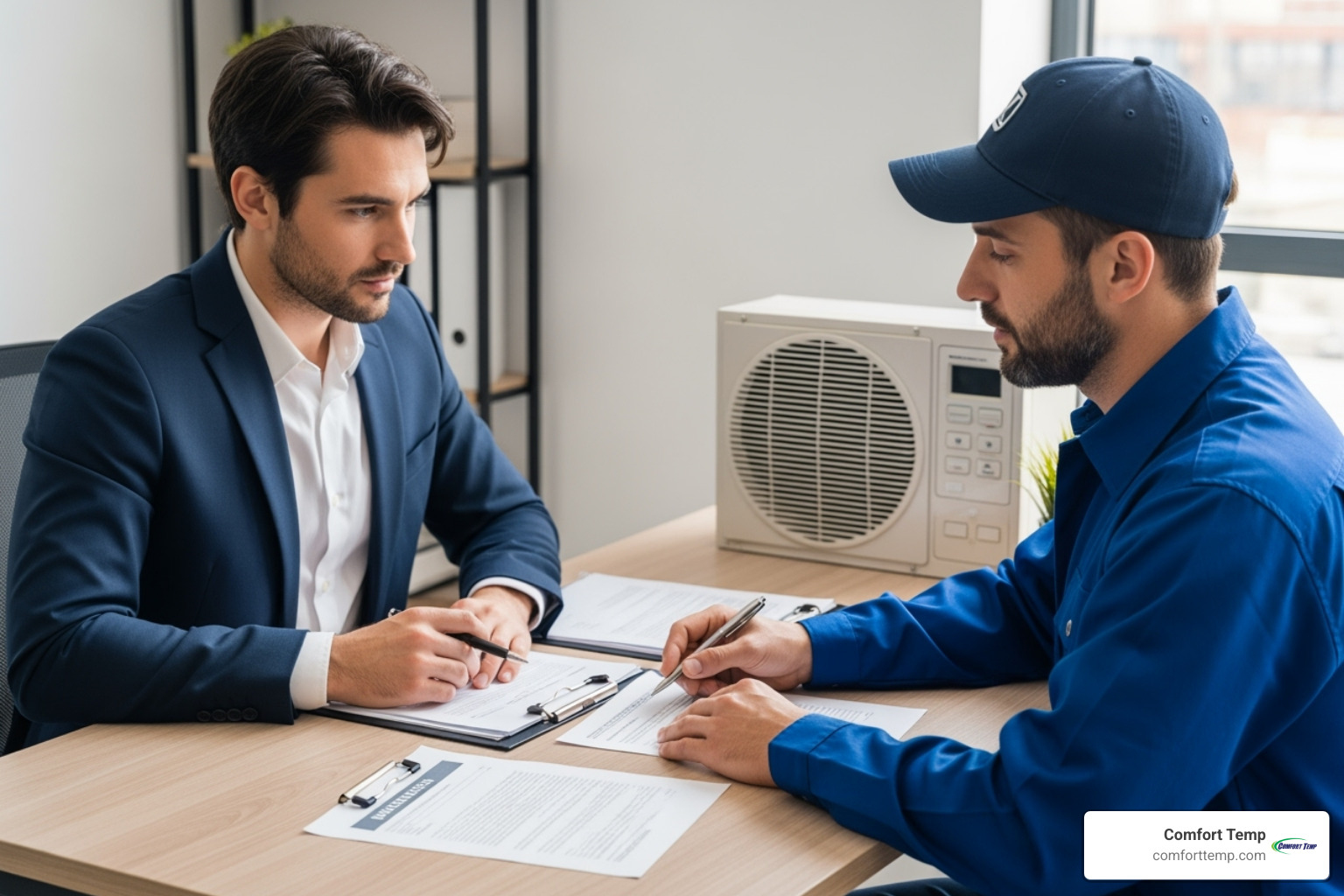 business owner reviewing financing documents with an HVAC contractor - commercial hvac financing business owner reviewing financing documents with an HVAC contractor - commercial hvac financing