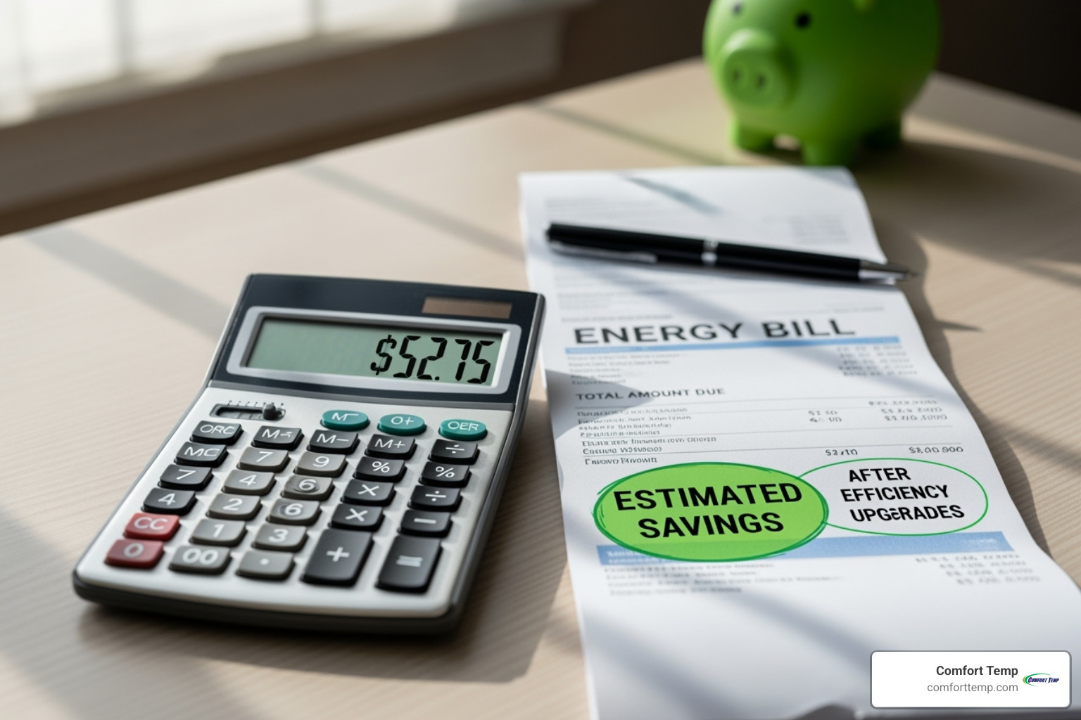 calculator next to an energy bill showing savings - commercial hvac financing calculator next to an energy bill showing savings - commercial hvac financing