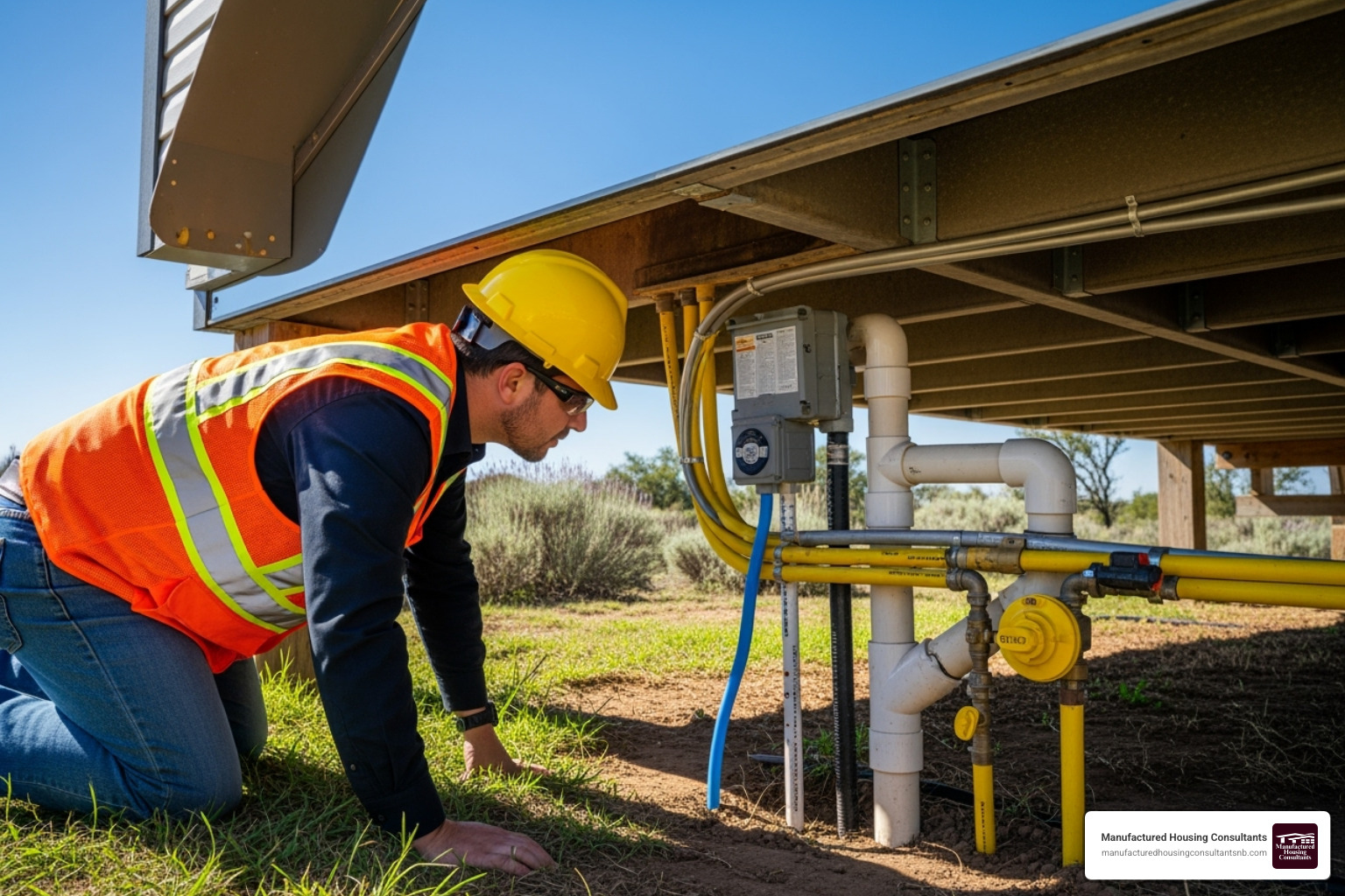 inspector reviewing utility connections at a manufactured home site - utility connections for manufactured homes
