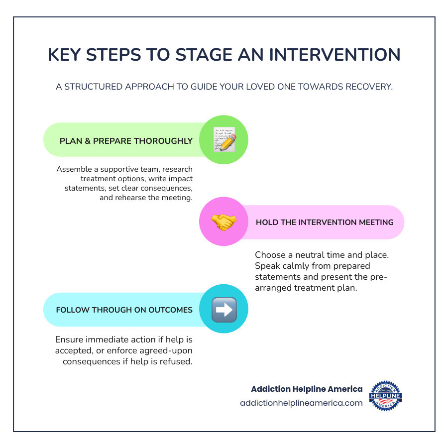 infographic showing 9 key steps: 1. Assemble Team (4-6 people), 2. Hire Professional Interventionist (if needed), 3. Research Treatment Programs, 4. Write Impact Statements (use I statements), 5. Set Consequences (enforceable boundaries), 6. Rehearse Meeting (practice statements), 7. Choose Time and Place (neutral, private), 8. Hold Intervention (present treatment plan), 9. Follow Through (immediate action or enforce consequences) - How to stage intervention infographic infographic-line-3-steps-colors infographic showing 9 key steps: 1. Assemble Team (4-6 people), 2. Hire Professional Interventionist (if needed), 3. Research Treatment Programs, 4. Write Impact Statements (use I statements), 5. Set Consequences (enforceable boundaries), 6. Rehearse Meeting (practice statements), 7. Choose Time and Place (neutral, private), 8. Hold Intervention (present treatment plan), 9. Follow Through (immediate action or enforce consequences) - How to stage intervention infographic infographic-line-3-steps-colors