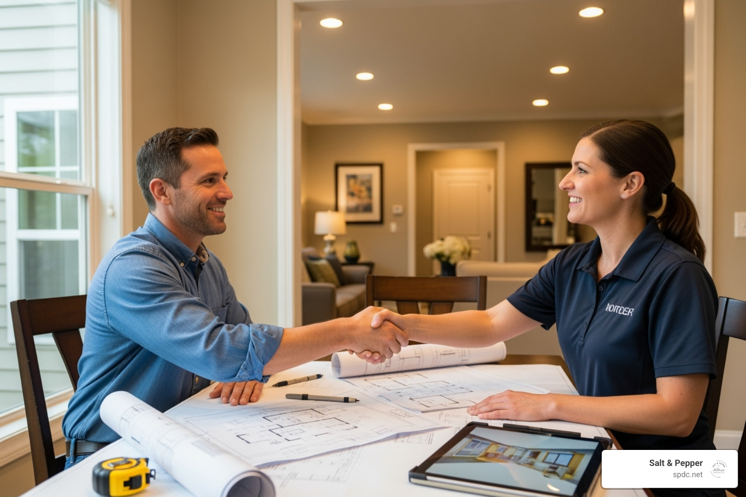 homeowner shaking hands with a contractor over blueprints - room addition contractor homeowner shaking hands with a contractor over blueprints - room addition contractor