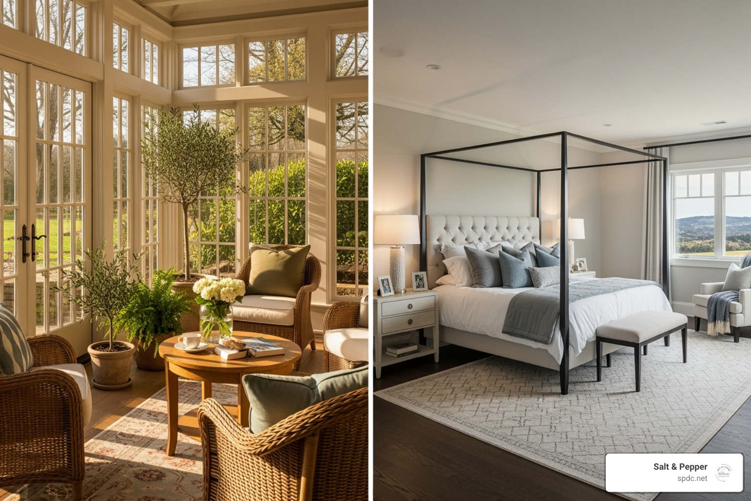 split-screen showing a cozy sunroom on one side and a spacious second-story bedroom on the other - room addition contractor split-screen showing a cozy sunroom on one side and a spacious second-story bedroom on the other - room addition contractor