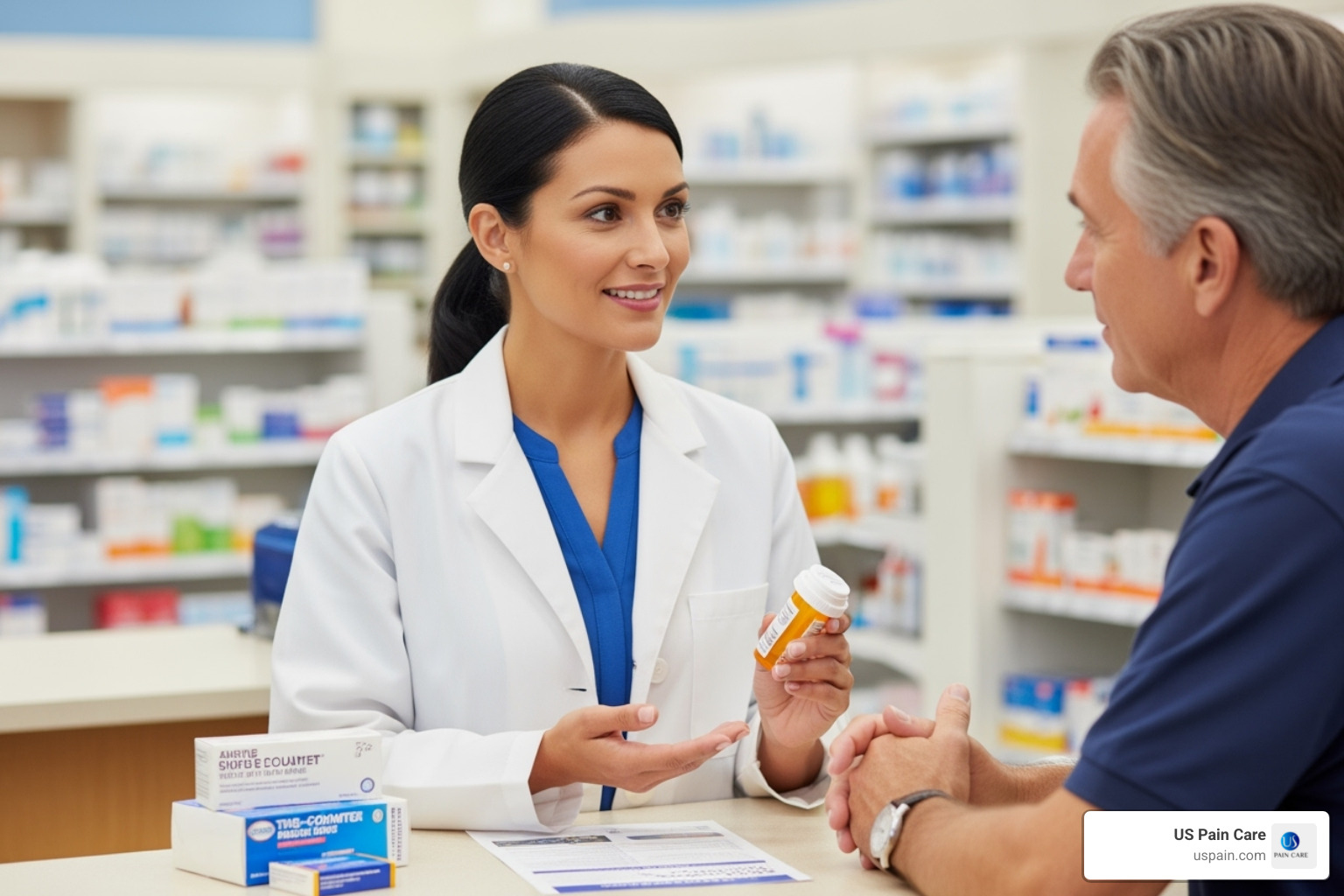 Image of a patient consulting with a pharmacist about their medication - inflammation medication