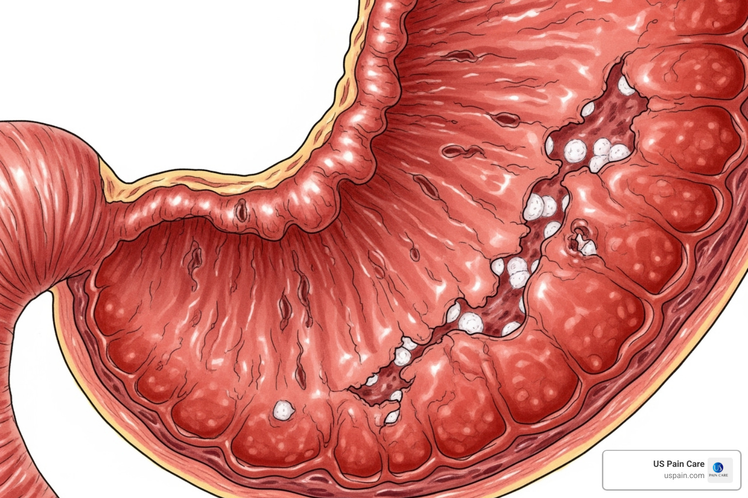 Image illustrating the stomach lining being irritated by NSAIDs - inflammation medication