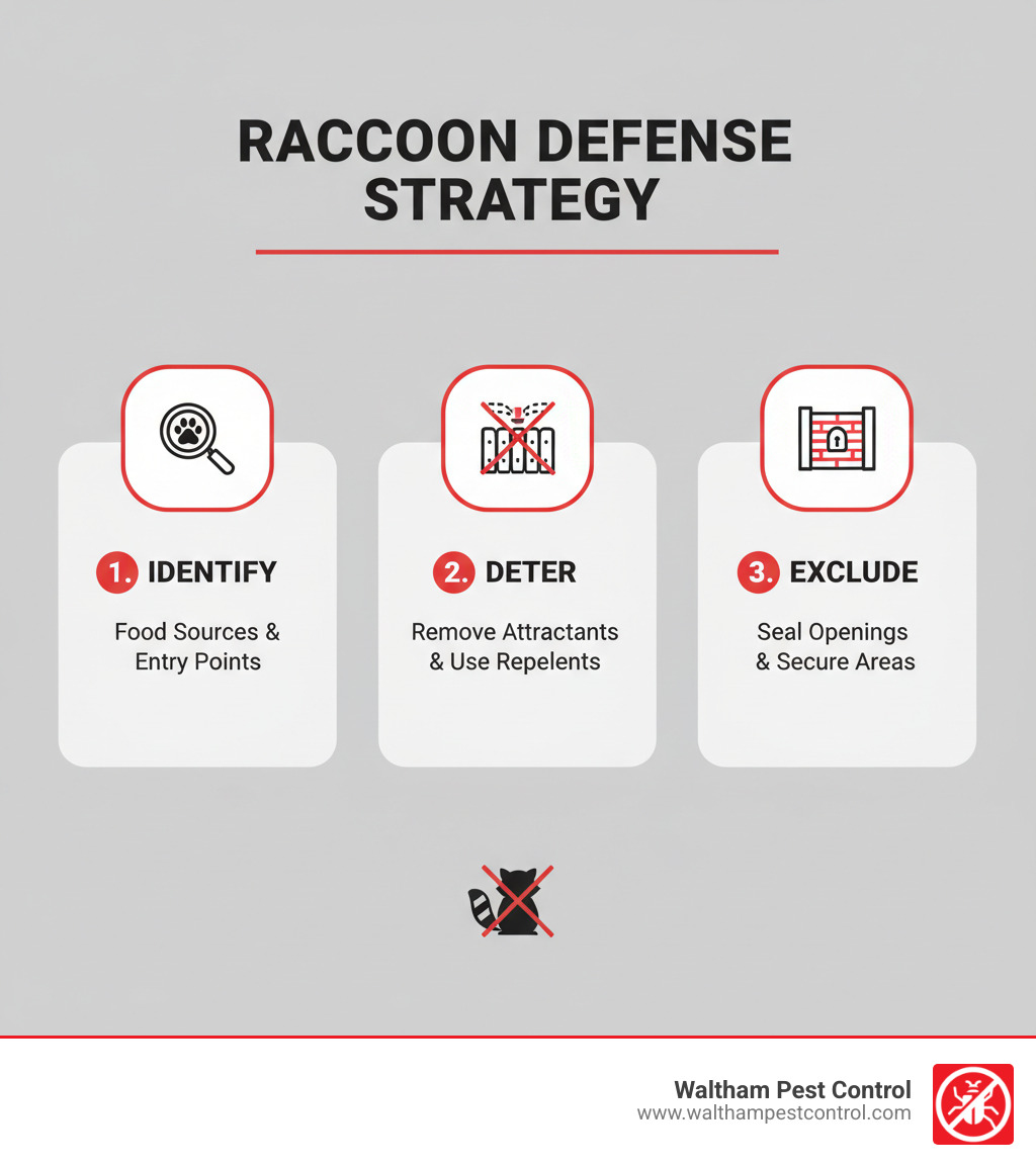 Infographic explaining the 3-step process: Identify, Deter, and Exclude. - get rid of raccoons in backyard infographic 