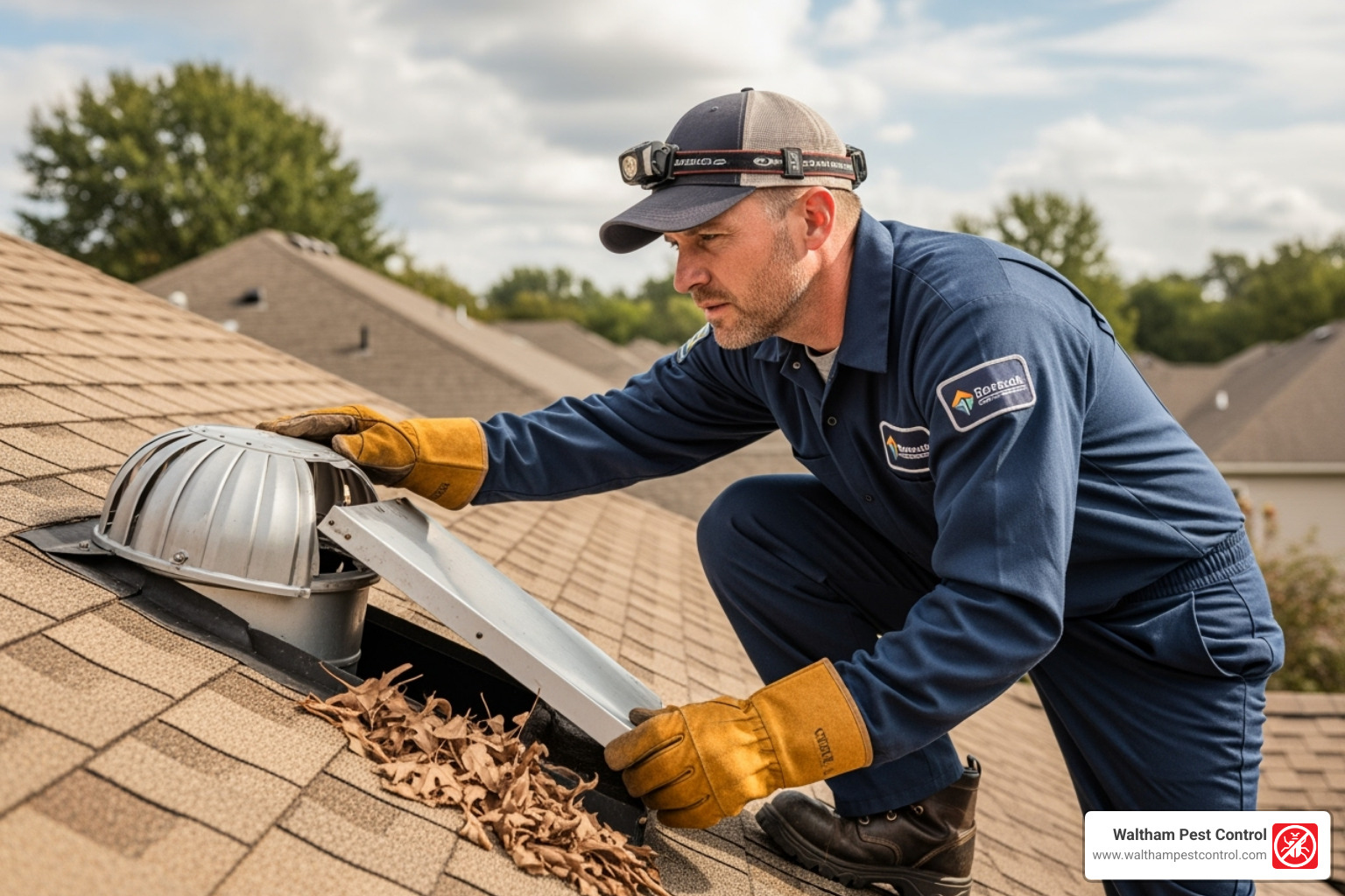 professional inspecting a roof or attic entry point - get rid of raccoons in backyard