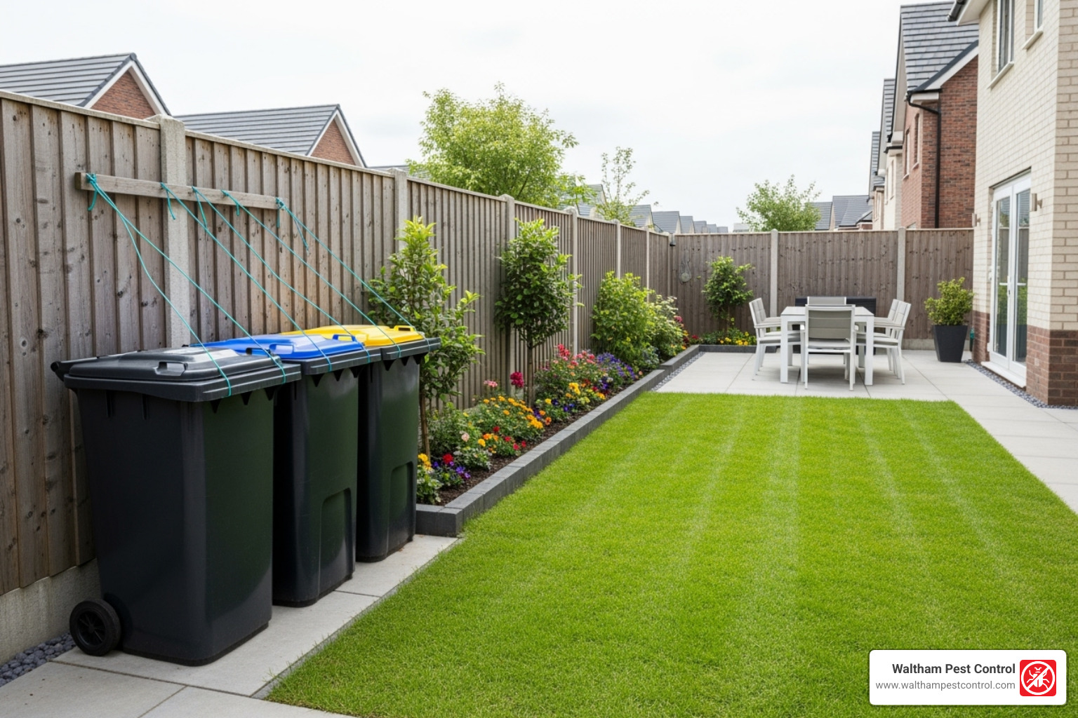 clean, well-maintained backyard with secured trash cans and no clutter - get rid of raccoons in backyard