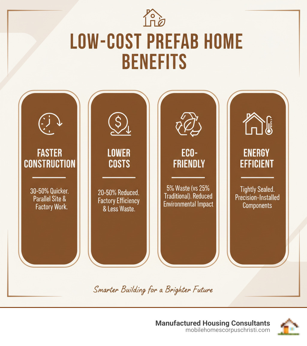 Infographic showing the key benefits of low cost prefab houses: 30-50% faster construction timeline with parallel site and factory work, 20-50% lower costs through factory efficiency and reduced waste, reduced environmental impact with 5% waste vs 25% for traditional construction, and improved energy efficiency with tightly sealed construction and precision-installed components - low cost prefab house infographic 