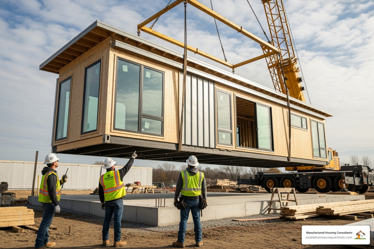 A prefab home being quickly assembled on-site by a crane - low cost prefab house